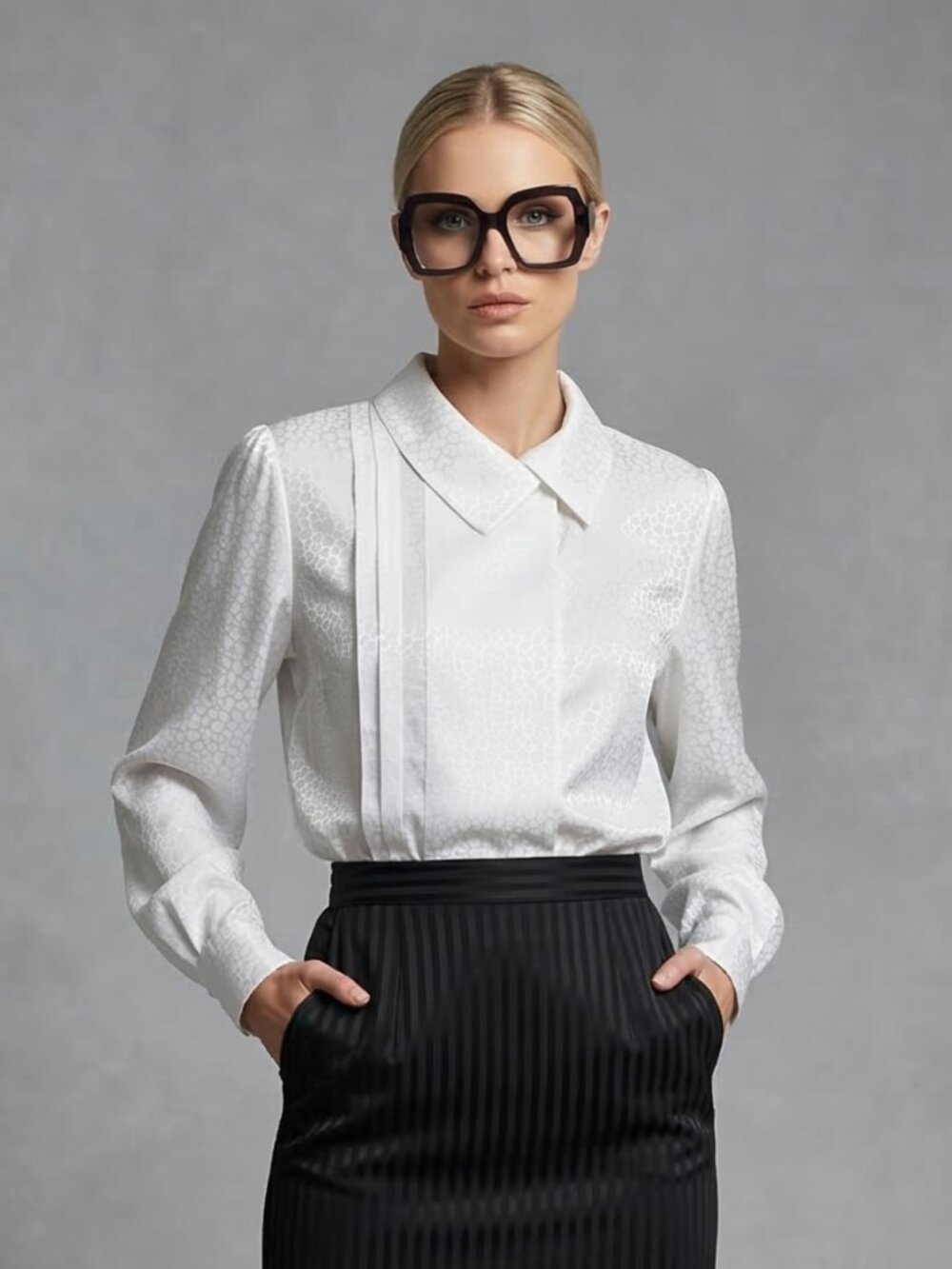 White Animal Jacquard Blouse Asymmetric Collar Hidden Placket